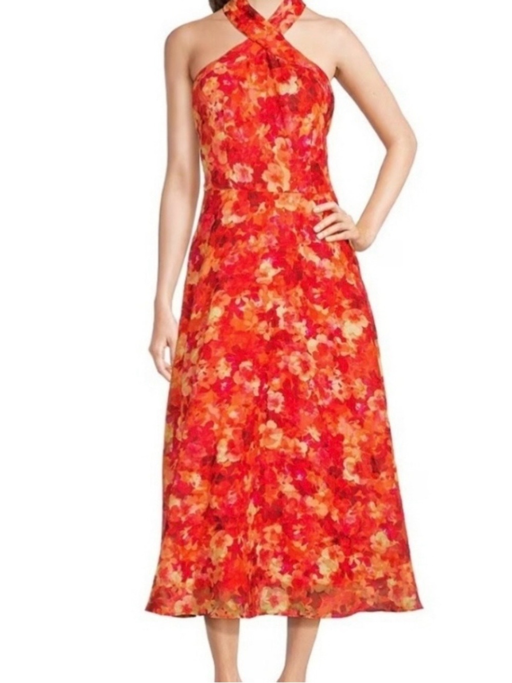 Alex Marie Red & Orange Floral Cross-Neck Midi Dress